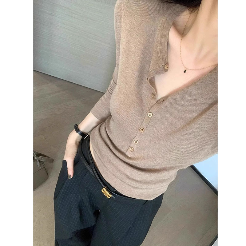 Women Fashion Designer - T-shirt Femme Manches Longues Col V