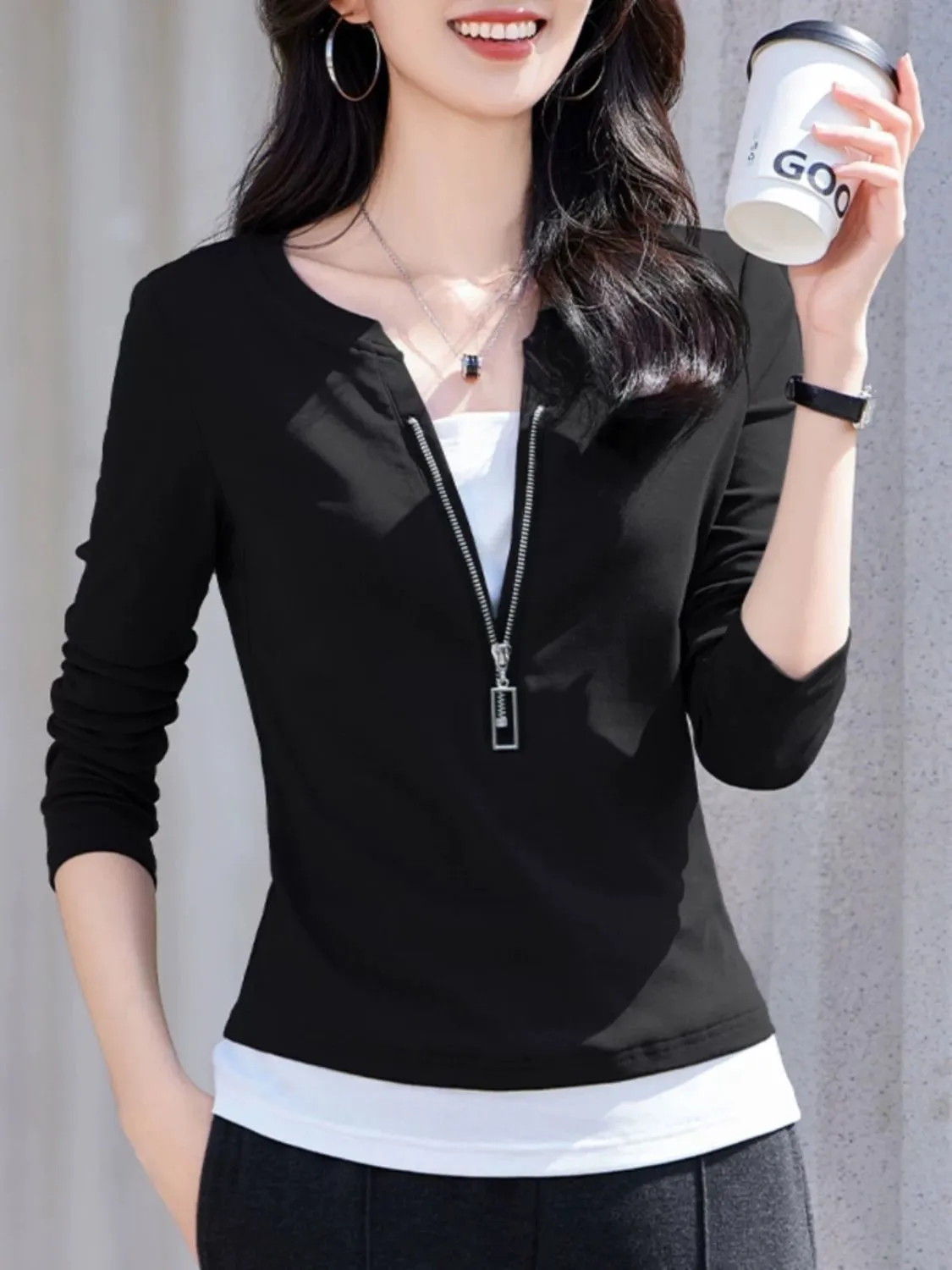 Faux chemisier deux pièces pou - Women'S Fashion Quarter Zip avis et prix